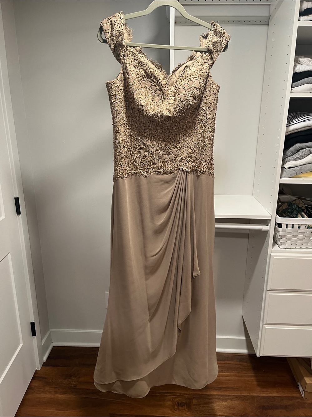 Montage by Mon Cheri Taupe Lace Bodice Evening Gown